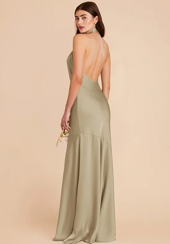Sage Satin Halter Twist Neck Open Back High Slit Mermaid Floor Length Bridesmaid Dresses