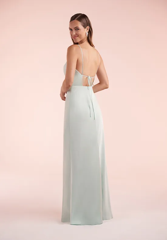 Sage Satin Thin Spaghetti Scoop Neck Back Tie High Slit Mermaid Floor Length Bridesmaid Dresses