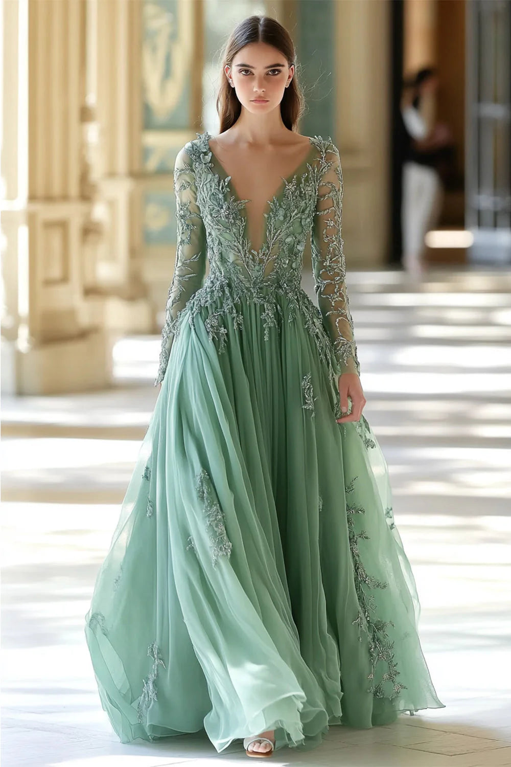 Sage V-neck Applique A-Line Full Of Charm Prom Dress
