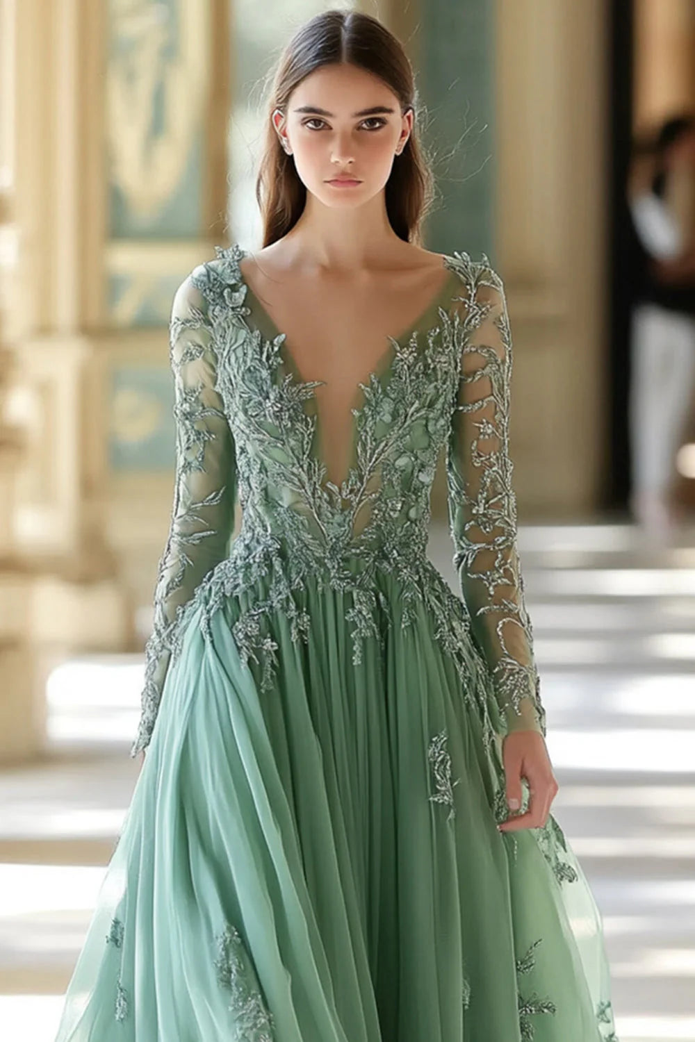 Sage V-neck Applique Long A-Line Prom Dress with Sleeves