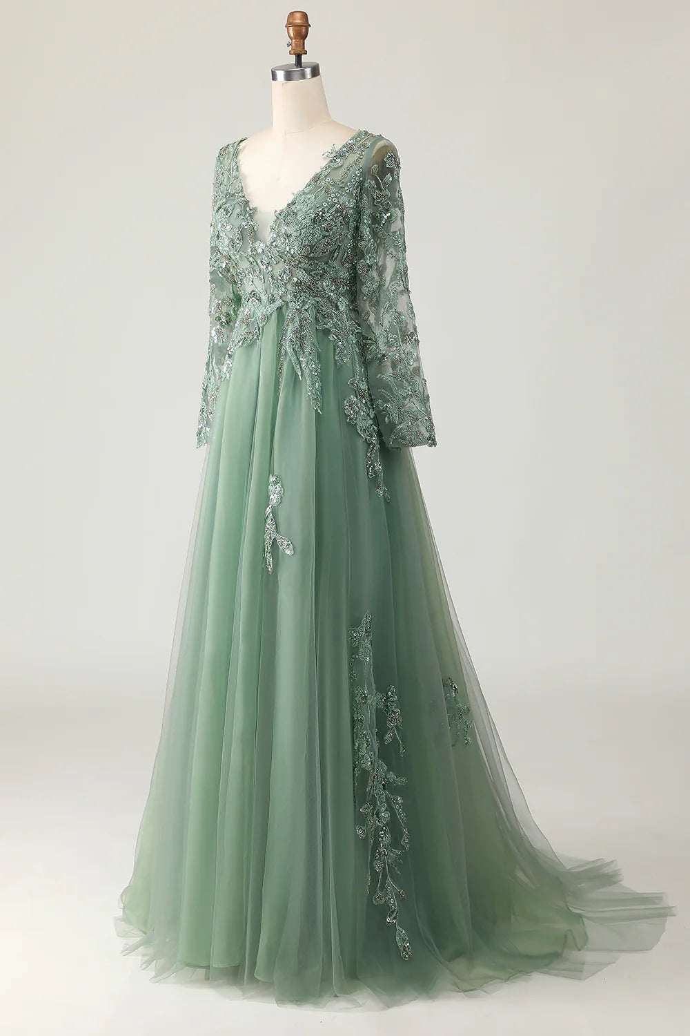 Sage V-neck Applique Long A-Line Prom Dress with Sleeves
