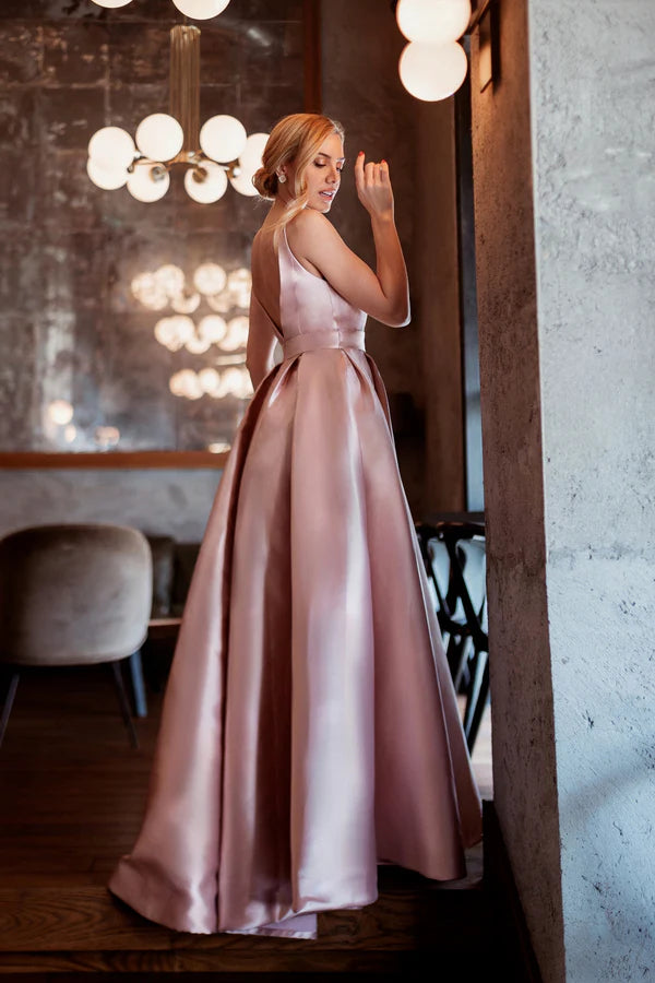 Satin A-Line Deep V-Neck Sleeveless Floor Length Mother of the Bride Dress