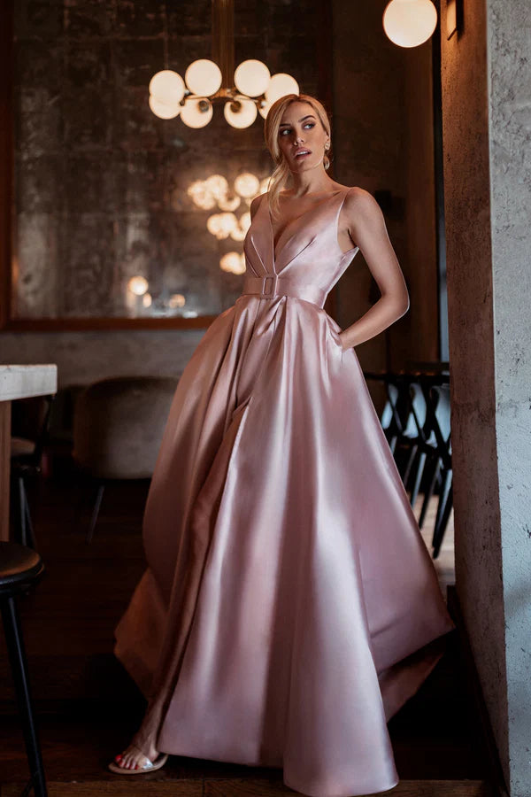 Satin A-Line Deep V-Neck Sleeveless Floor Length Mother of the Bride Dress