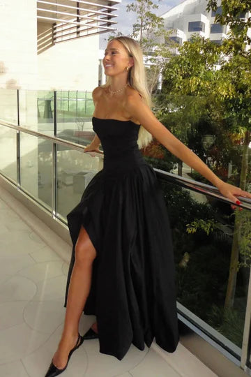 Satin A-Line Pleated Strapless Party Evening Dress With Slit