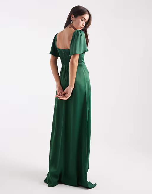 Satin A-Line Square-Neck Flutter-Sleeve Smocked-Back Floor-Length Bridesmaid Dress