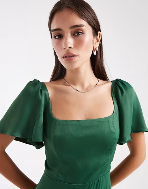 Satin A-Line Square-Neck Flutter-Sleeve Smocked-Back Floor-Length Bridesmaid Dress