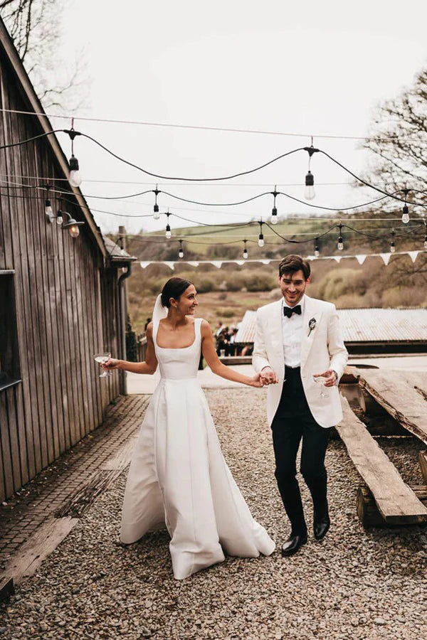 Satin A-Line Square Neck White Modest Wedding Dress