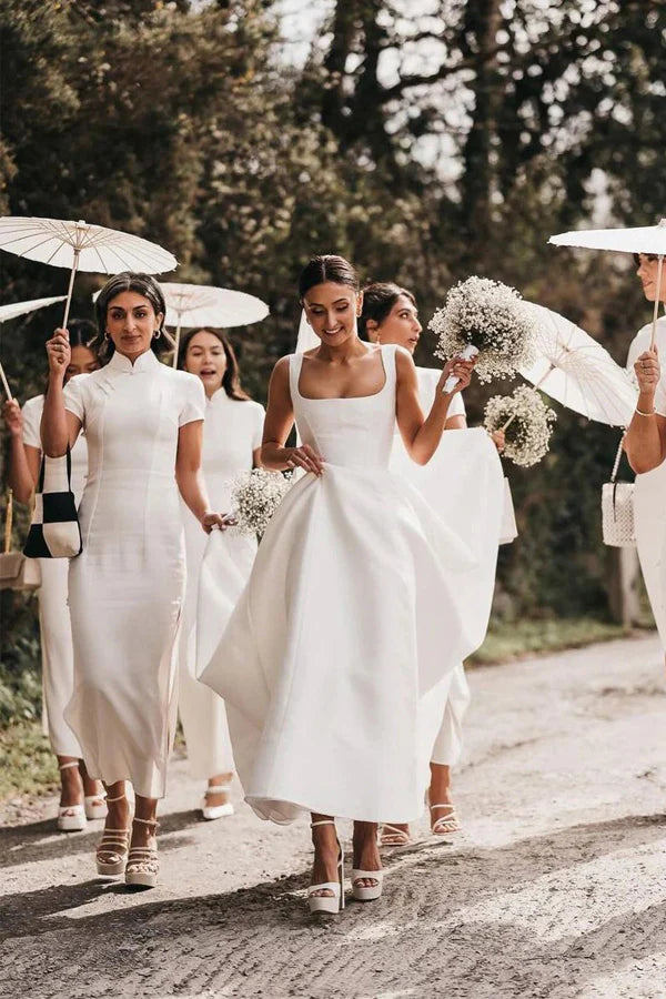 Satin A-Line Square Neck White Modest Wedding Dress