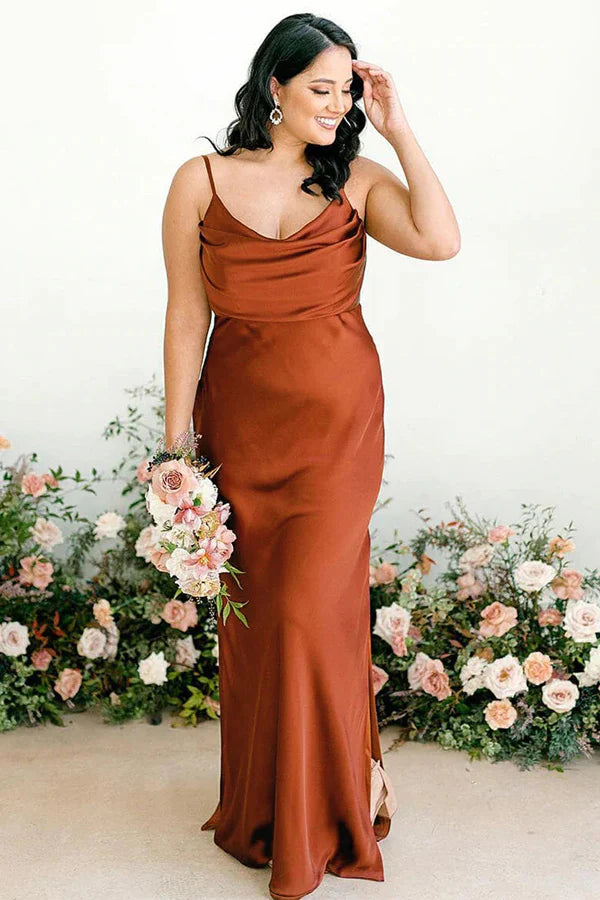Satin Cowl Neck Criss Cross Open Back Spaghetti Strap Slit Floor Length Bridesmaid Dress
