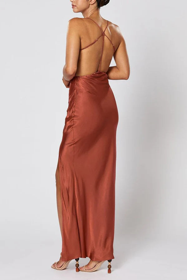 Satin Cowl Neck Criss Cross Open Back Spaghetti Strap Slit Floor Length Bridesmaid Dress