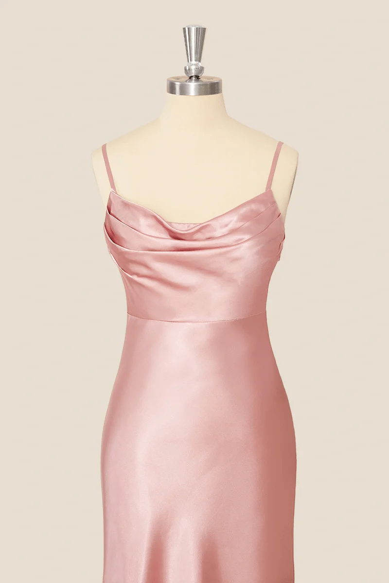 Satin Cowl Neck Spaghetti Straps Side-Slit Floor-Length Bridesmaid Dress