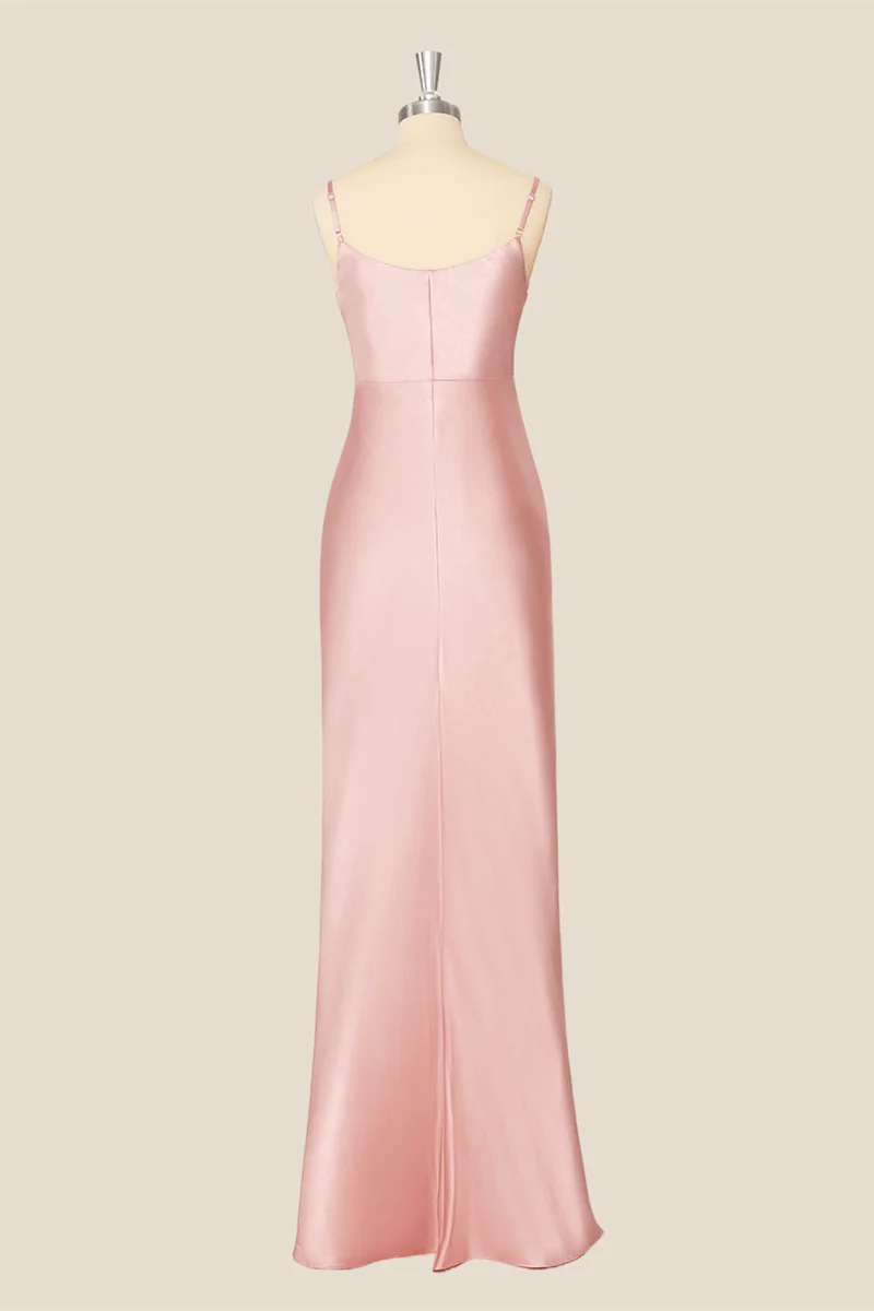 Satin Cowl Neck Spaghetti Straps Side-Slit Floor-Length Bridesmaid Dress