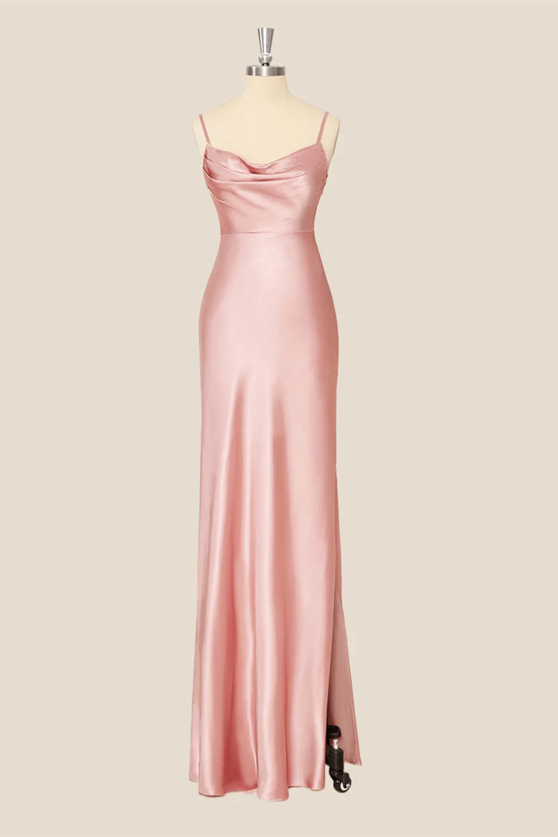 Satin Cowl Neck Spaghetti Straps Side-Slit Floor-Length Bridesmaid Dress