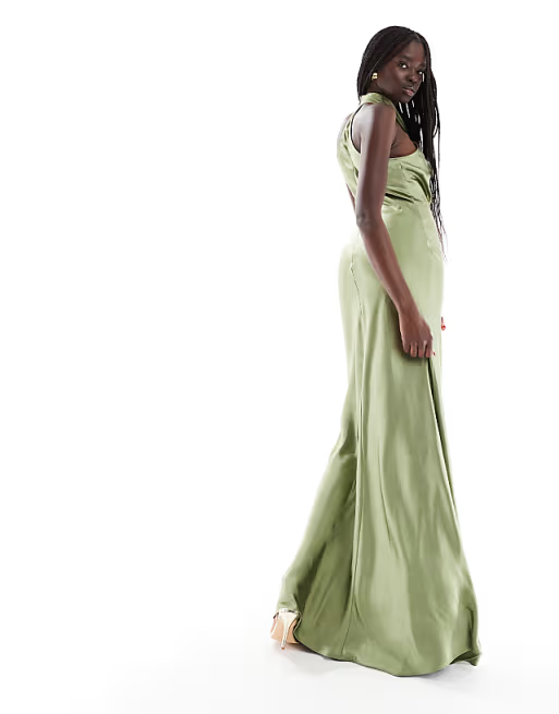 Satin Halter Neck Knot Detail Sleeveless Open Back Floor Length Bridesmaid Dresses