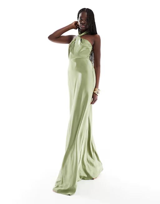Satin Halter Neck Knot Detail Sleeveless Open Back Floor Length Bridesmaid Dresses