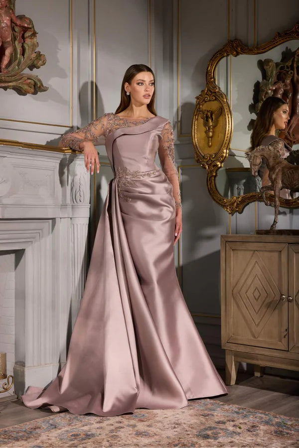 Satin Mermaid Asymmetric Neck Sheer Lace Sleeve Floor Length Mother of the Bride Dress