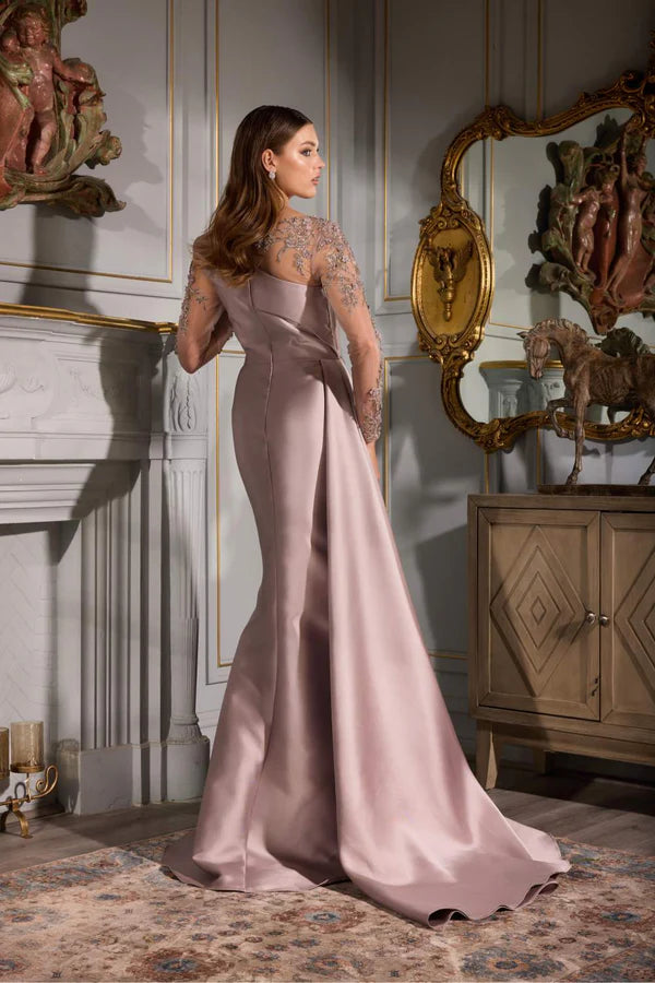 Satin Mermaid Asymmetric Neck Sheer Lace Sleeve Floor Length Mother of the Bride Dress
