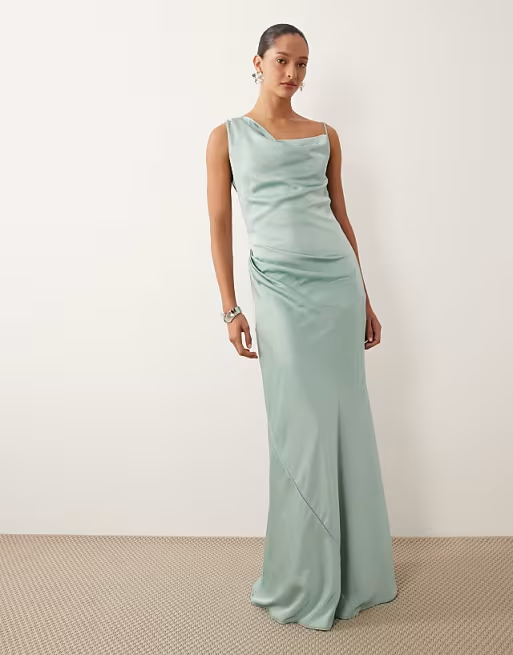 Satin Mermaid Asymmetrical Neck Sleeveless Floor Length Bridesmaid Dress