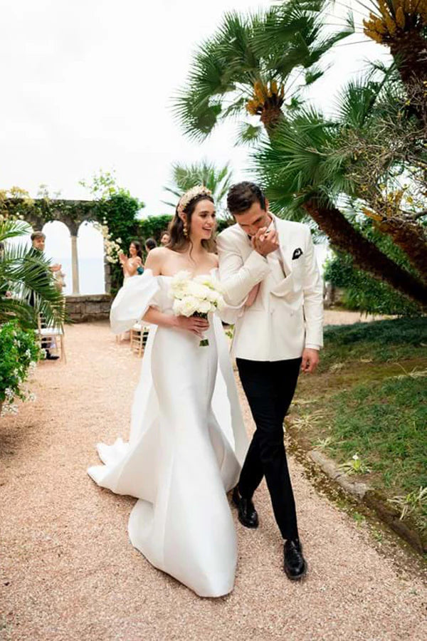 Satin Mermaid Off Shoulder Puff Sleeves Wedding Dress