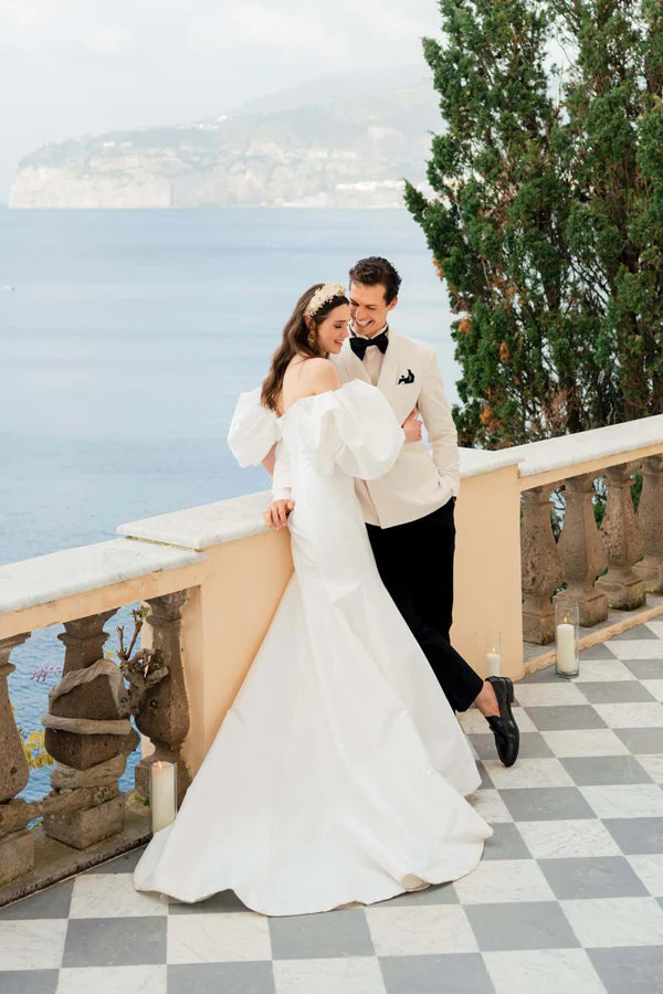 Satin Mermaid Off Shoulder Puff Sleeves Wedding Dress