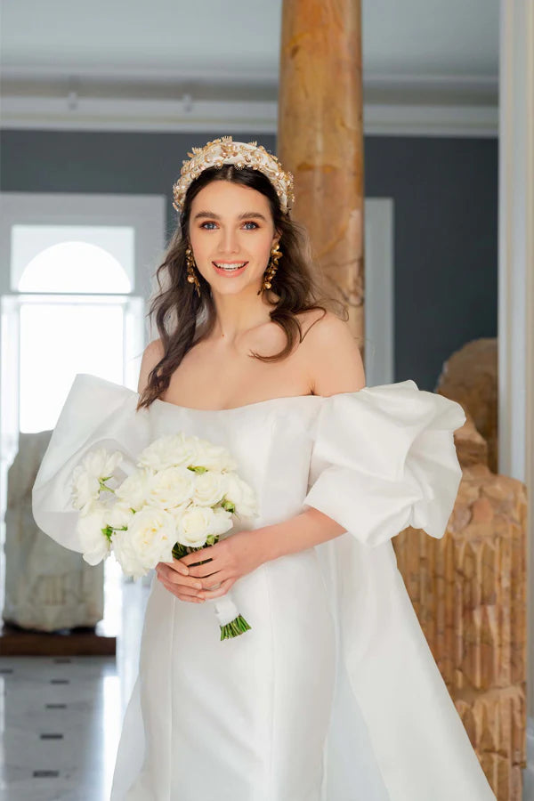 Satin Mermaid Off Shoulder Puff Sleeves Wedding Dress