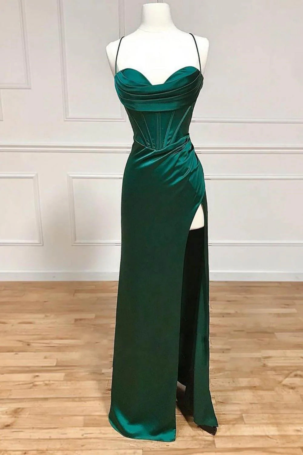 Satin Mermaid Spaghetti Straps Lace Up Dark Green Long Prom Dress