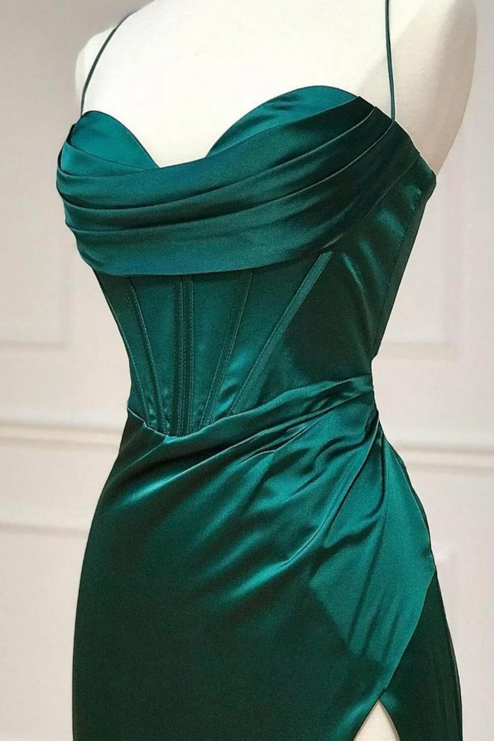 Satin Mermaid Spaghetti Straps Lace Up Dark Green Long Prom Dress
