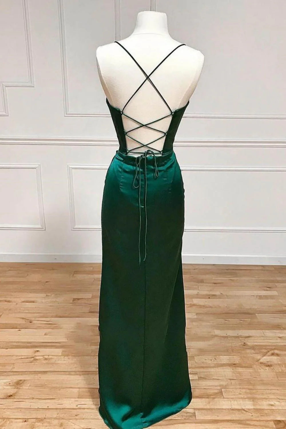 Satin Mermaid Spaghetti Straps Lace Up Dark Green Long Prom Dress