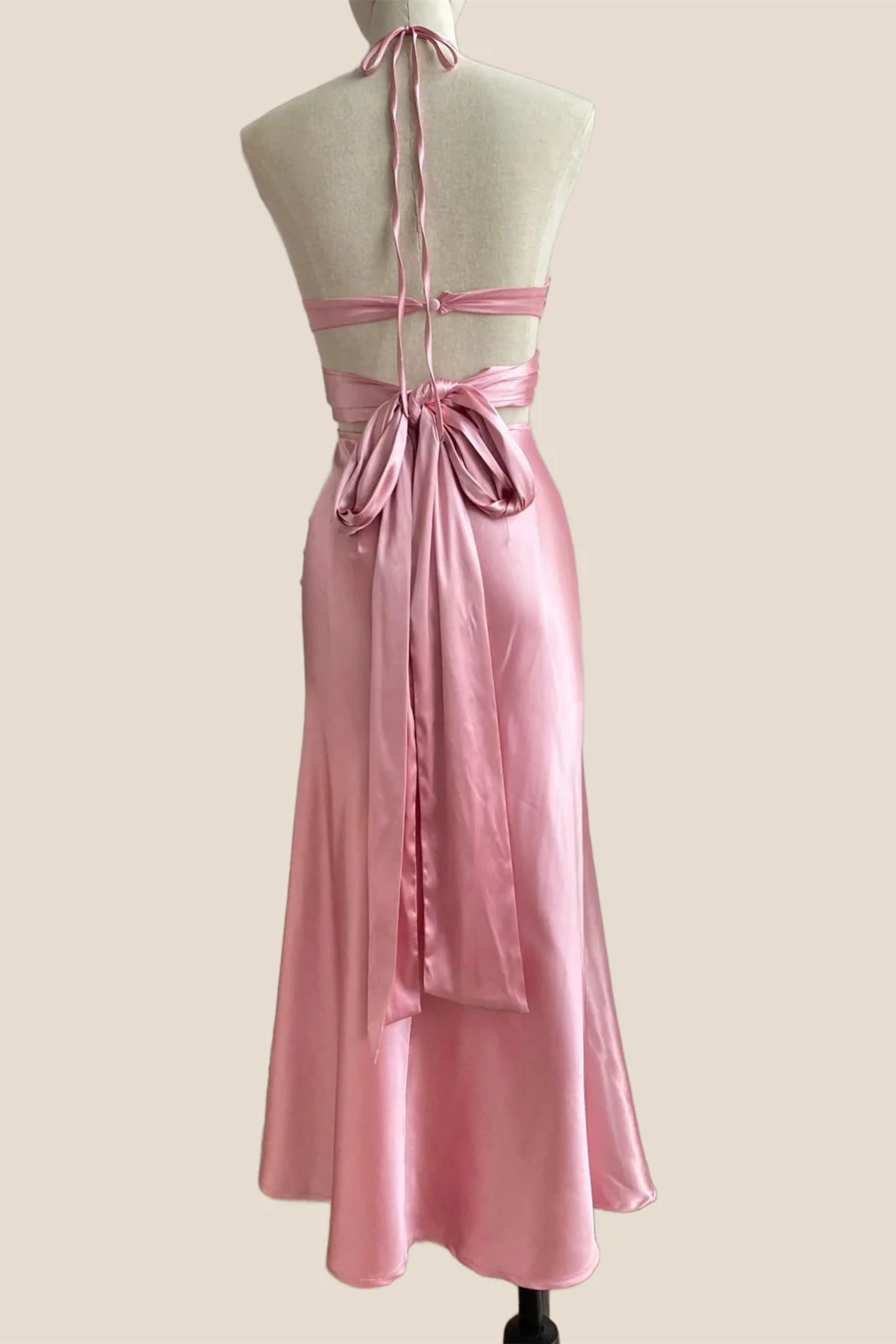 Satin Midi Halter Neck Twist Knot Cutout Tie-Back Bridesmaid Dress