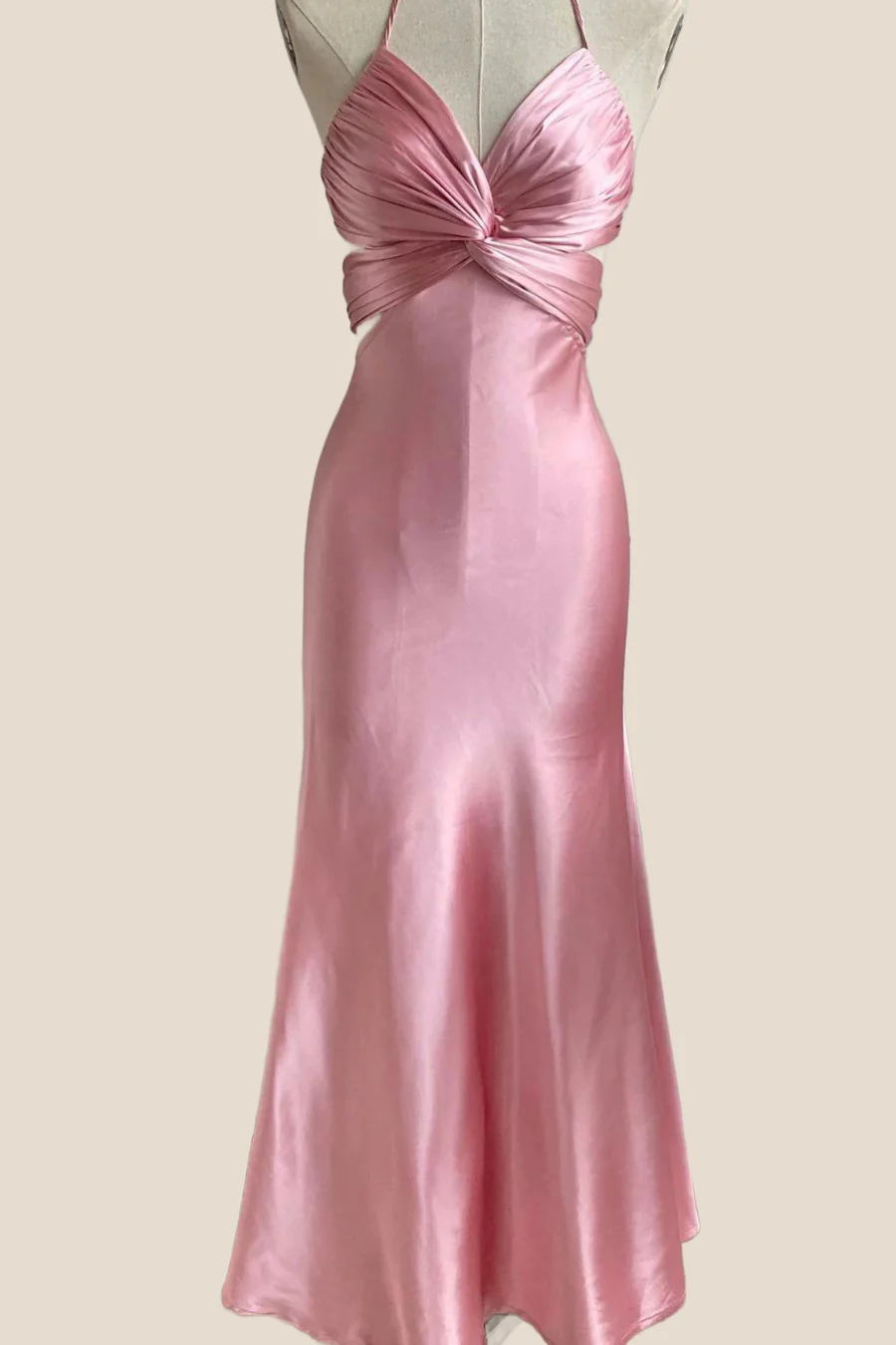 Satin Midi Halter Neck Twist Knot Cutout Tie-Back Bridesmaid Dress