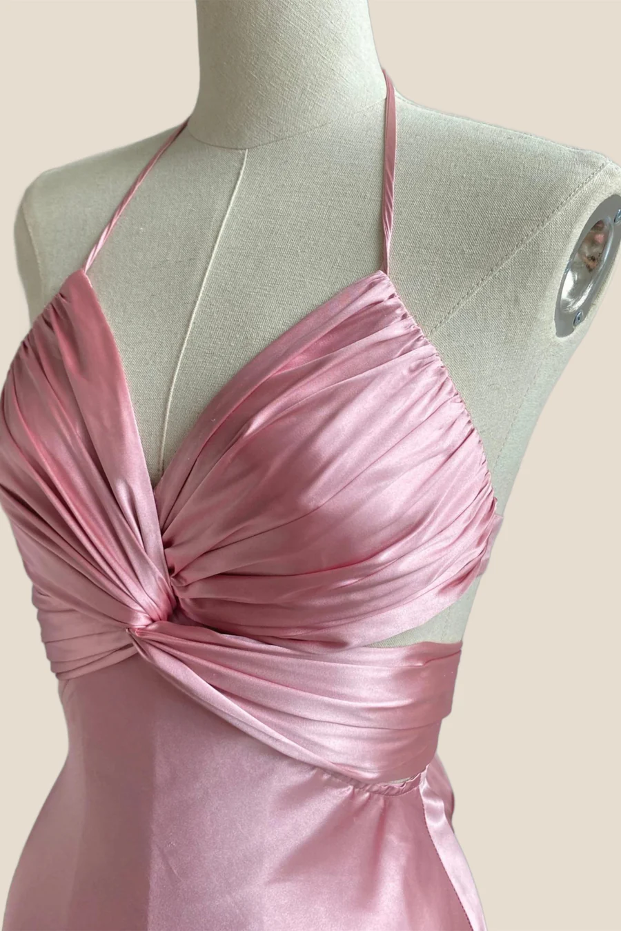 Satin Midi Halter Neck Twist Knot Cutout Tie-Back Bridesmaid Dress