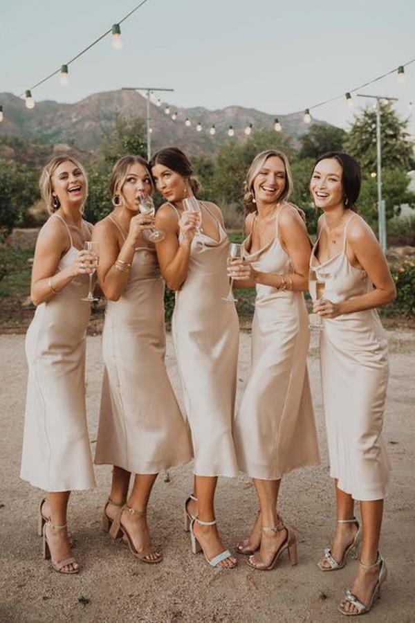 Satin Midi Slip Cowl Neck Criss Cross Back Spaghetti Strap Bridesmaid Dress