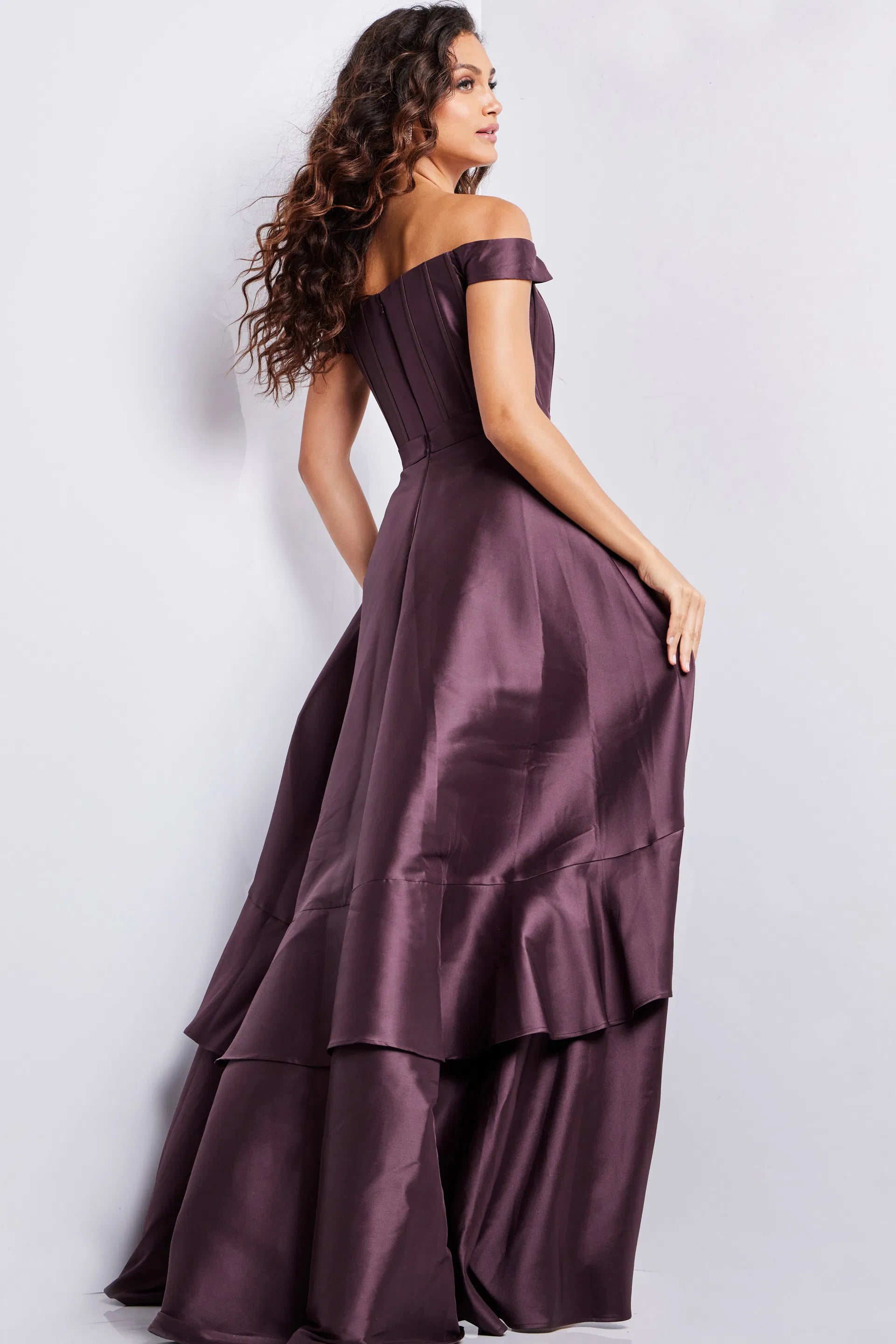 Satin Off-Shoulder Evening Dress with Corset Bodice, Floral Accent and High-Low Ruffles