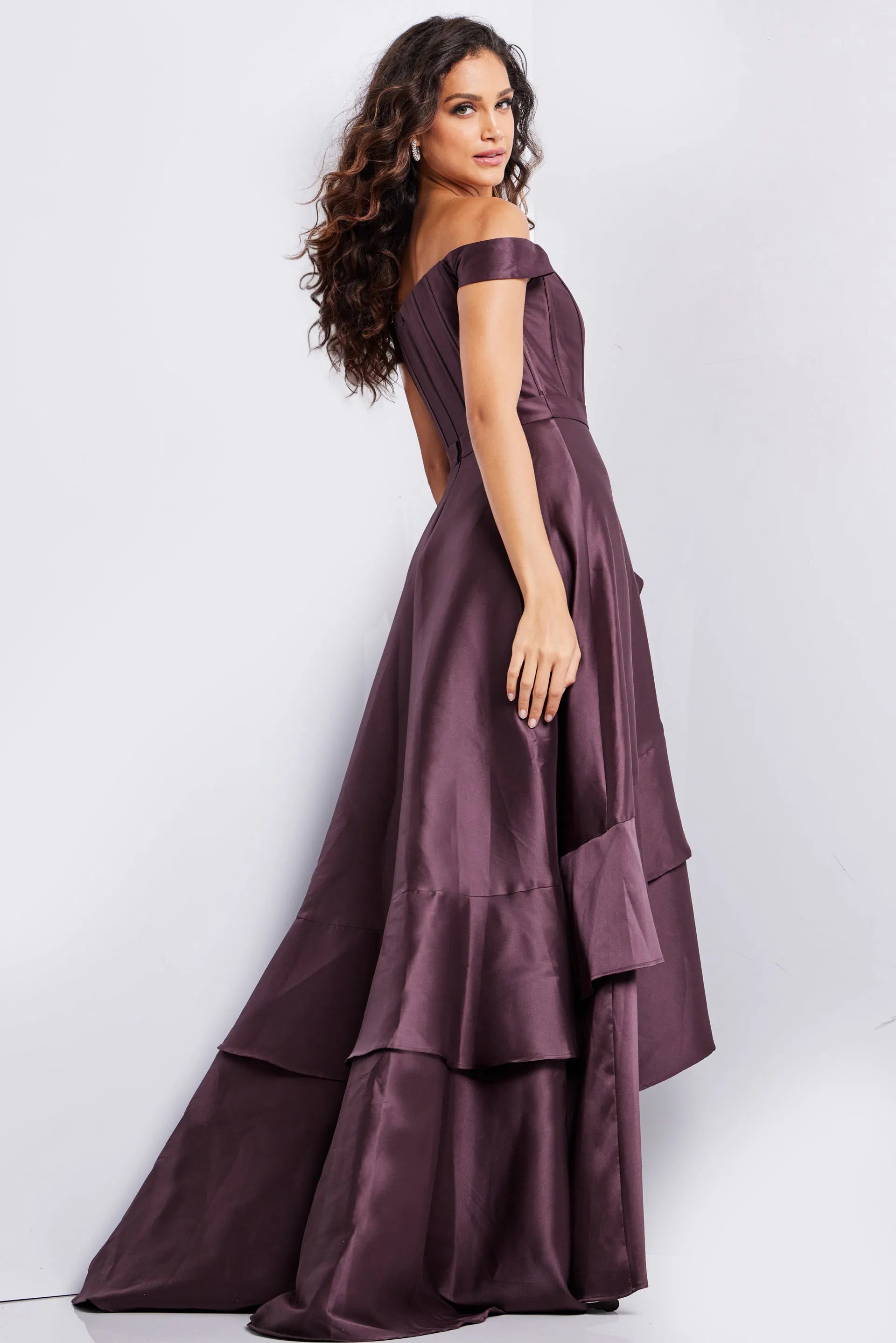 Satin Off-Shoulder Evening Dress with Corset Bodice, Floral Accent and High-Low Ruffles