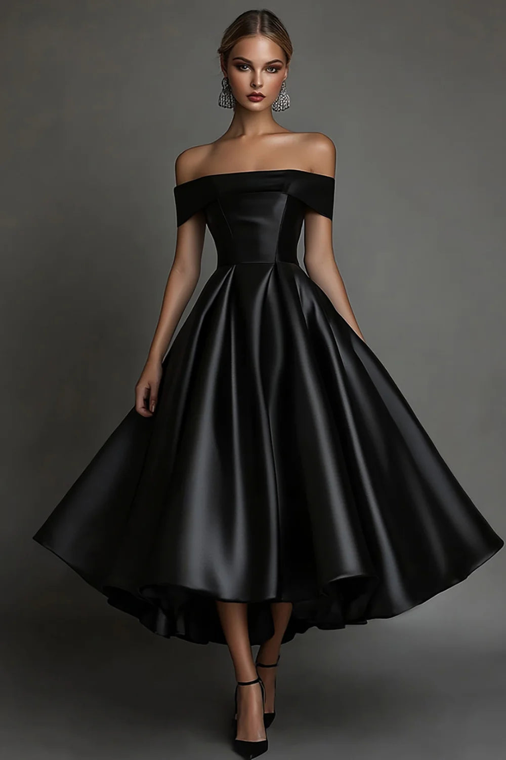 Satin Off The Shoulder A Line Black Tie Dress