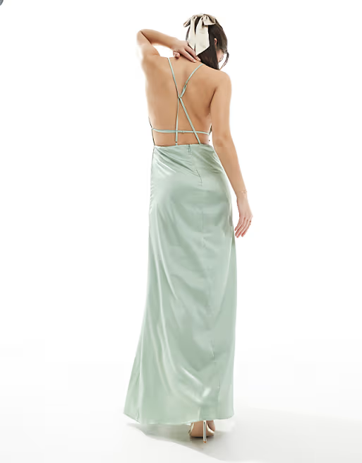 Satin Sheath VNeck Spaghetti Strap CrossBack Slit Floor Length Bridesmaid Dress