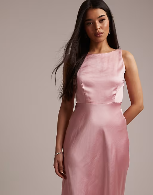 Satin Slip Bateau Neck Sleeveless Cowl-Back Floor Length Bridesmaid Dress