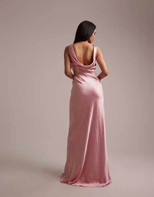 Satin Slip Bateau Neck Sleeveless Cowl-Back Floor Length Bridesmaid Dress