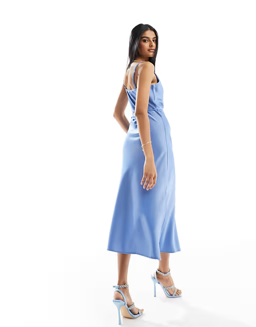 Satin Slip Cowl-Neck Spaghetti-Strap Tie-Waist Midi Bridesmaid Dress