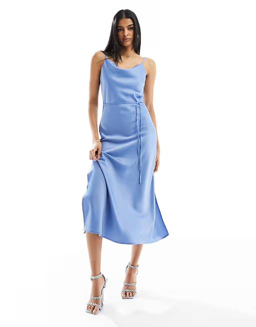 Satin Slip Cowl-Neck Spaghetti-Strap Tie-Waist Midi Bridesmaid Dress