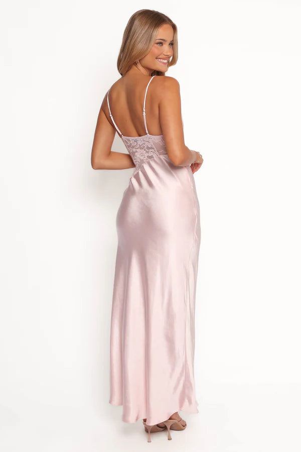 Satin Slip Maxi V Neck Spaghetti Straps Lace Waist Open Back Formal Evening Dress