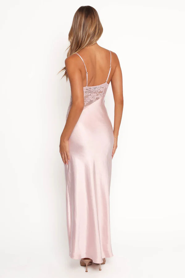 Satin Slip Maxi V Neck Spaghetti Straps Lace Waist Open Back Formal Evening Dress