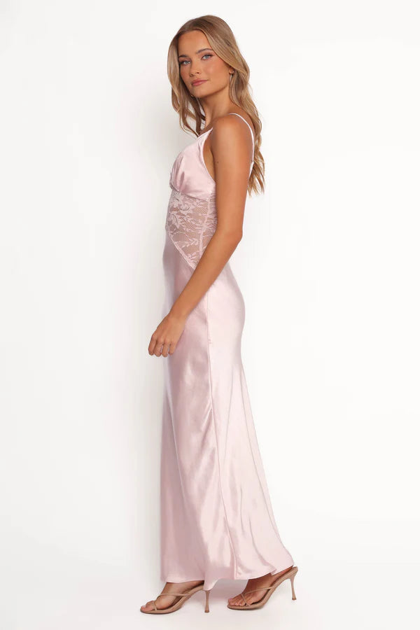 Satin Slip Maxi V Neck Spaghetti Straps Lace Waist Open Back Formal Evening Dress