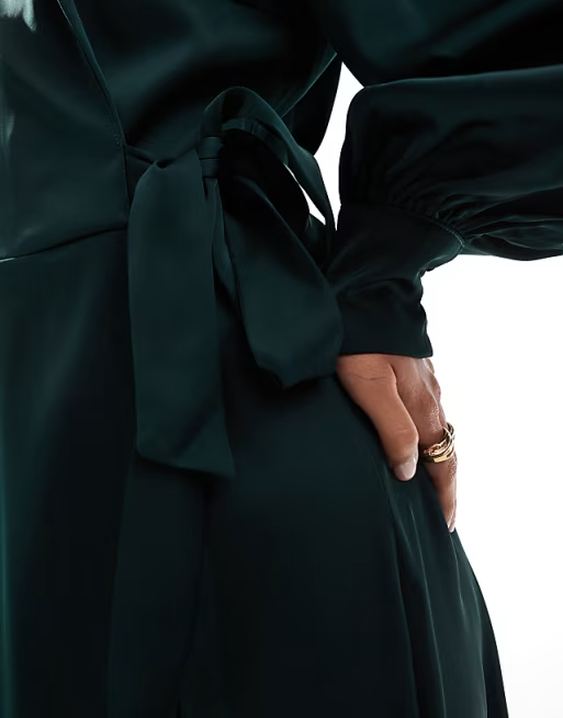 Satin Wrap V Neck Bishop Sleeve Belted Tie Waist Midi Length Bridesmaid Dresses