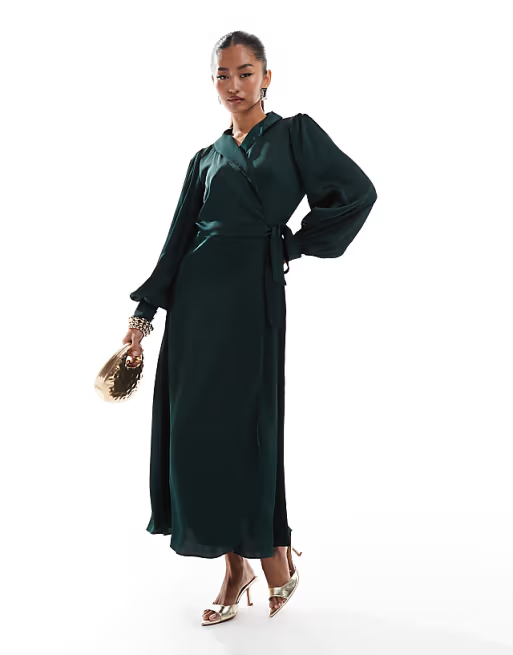 Satin Wrap V Neck Bishop Sleeve Belted Tie Waist Midi Length Bridesmaid Dresses