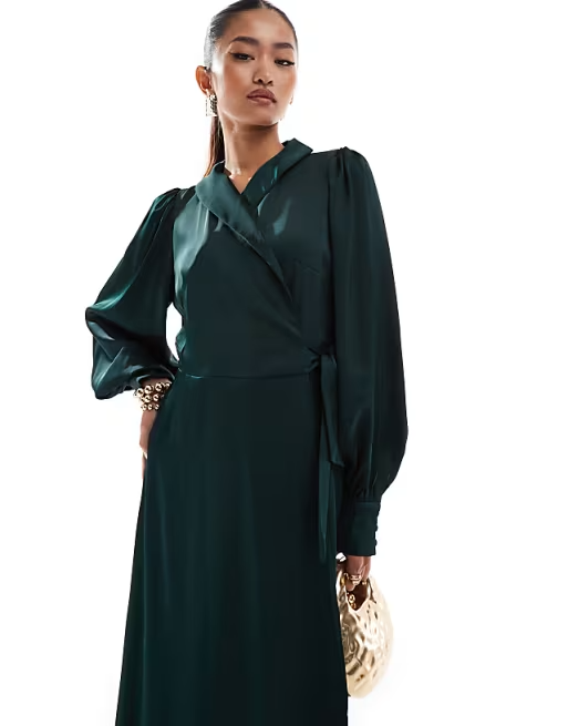 Satin Wrap V Neck Bishop Sleeve Belted Tie Waist Midi Length Bridesmaid Dresses