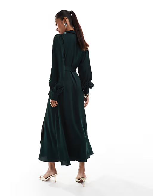 Satin Wrap V Neck Bishop Sleeve Belted Tie Waist Midi Length Bridesmaid Dresses