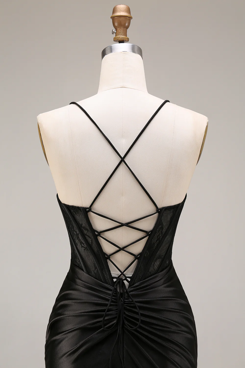 Seductive Spaghetti Strap Satin Evening Dress with Lace Corset Back, Ruched Waist and High Slit Mermaid Train