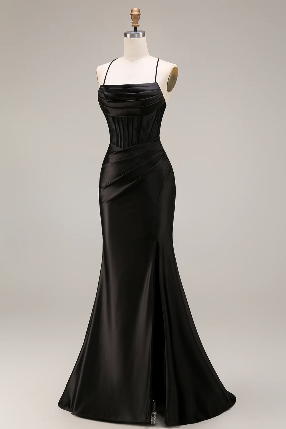 Seductive Spaghetti Strap Satin Evening Dress with Lace Corset Back, Ruched Waist and High Slit Mermaid Train