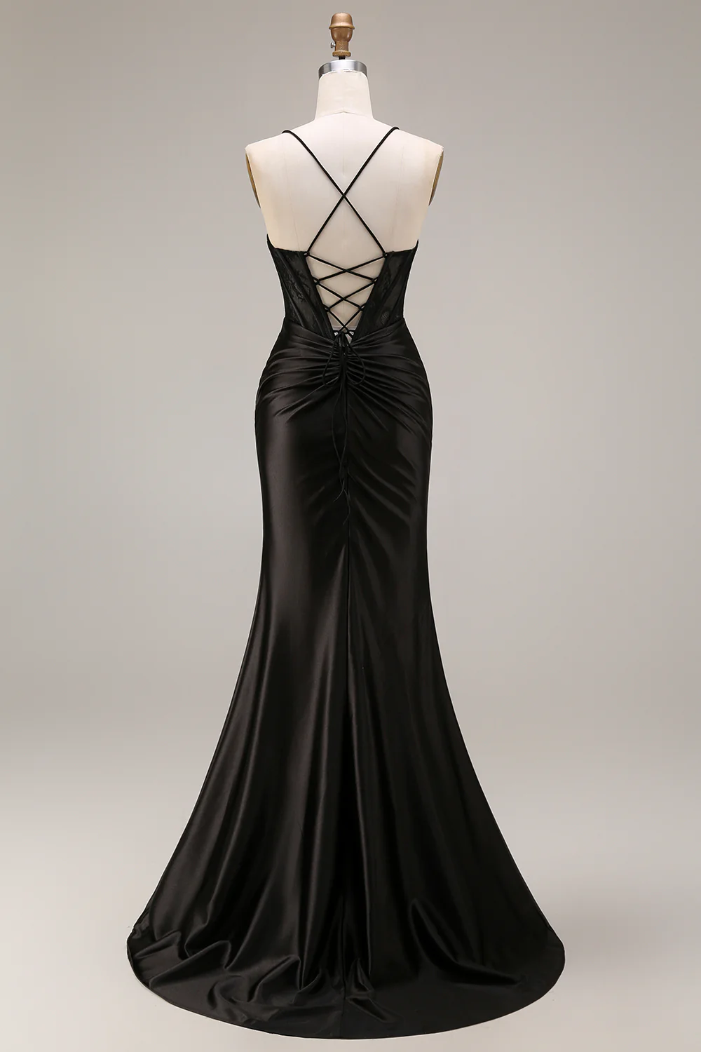 Seductive Spaghetti Strap Satin Evening Dress with Lace Corset Back, Ruched Waist and High Slit Mermaid Train
